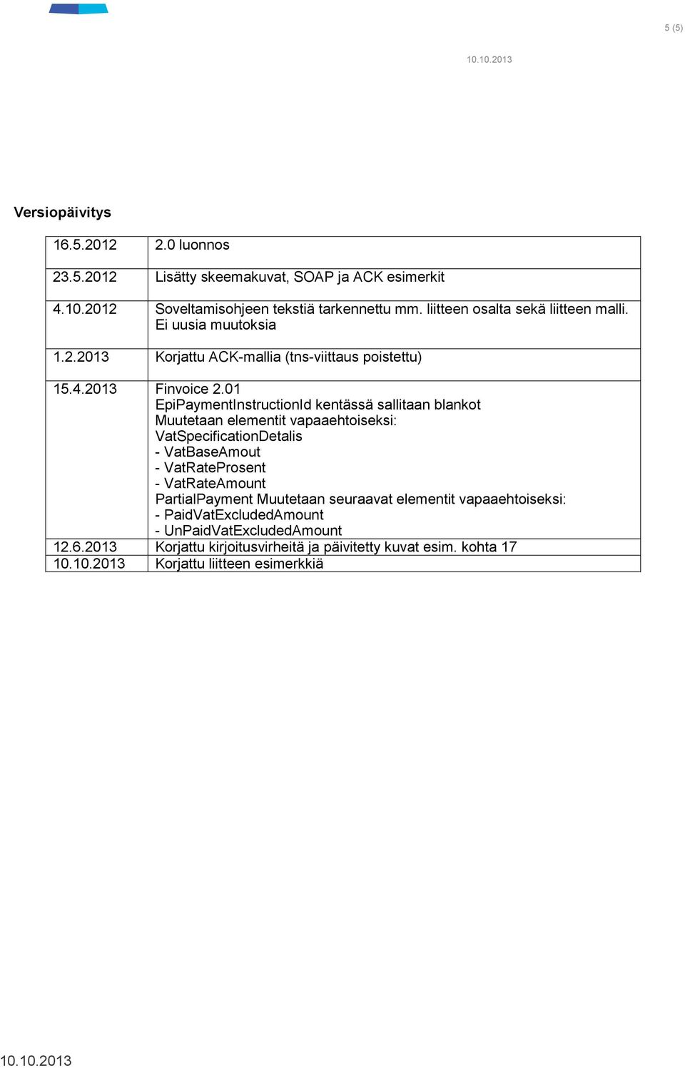 01 EpiPaymentInstructionId kentässä sallitaan blankot Muutetaan elementit vapaaehtoiseksi: VatSpecificationDetalis - VatBaseAmout - VatRateProsent - VatRateAmount