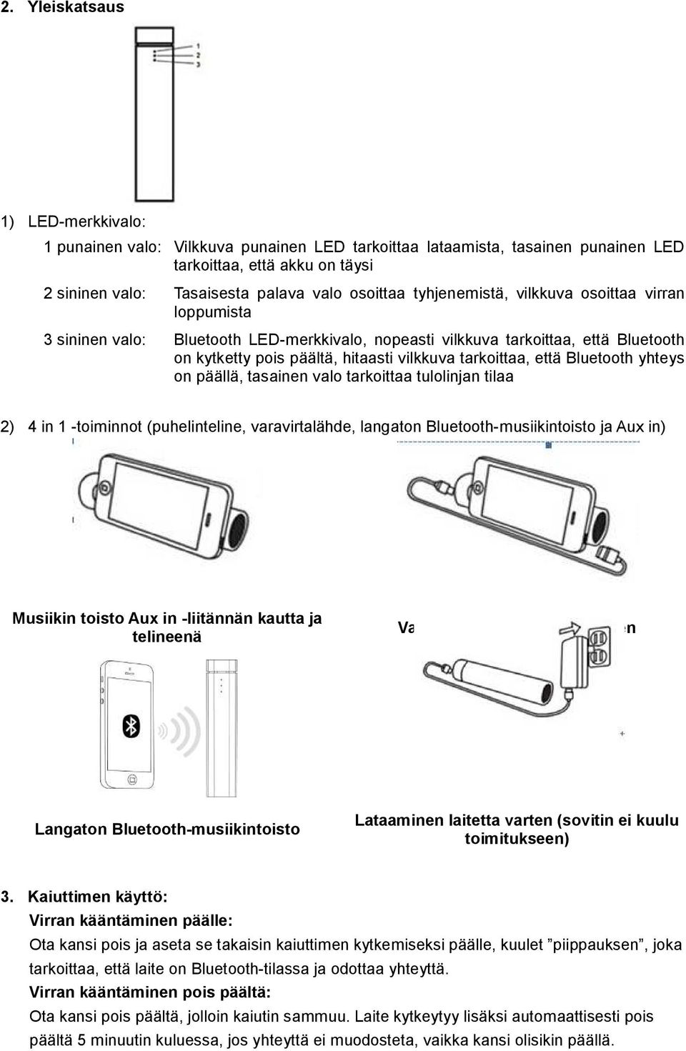 Bluetooth yhteys on päällä, tasainen valo tarkoittaa tulolinjan tilaa 2) 4 in 1 -toiminnot (puhelinteline, varavirtalähde, langaton Bluetooth-musiikintoisto ja Aux in) Musiikin toisto Aux in