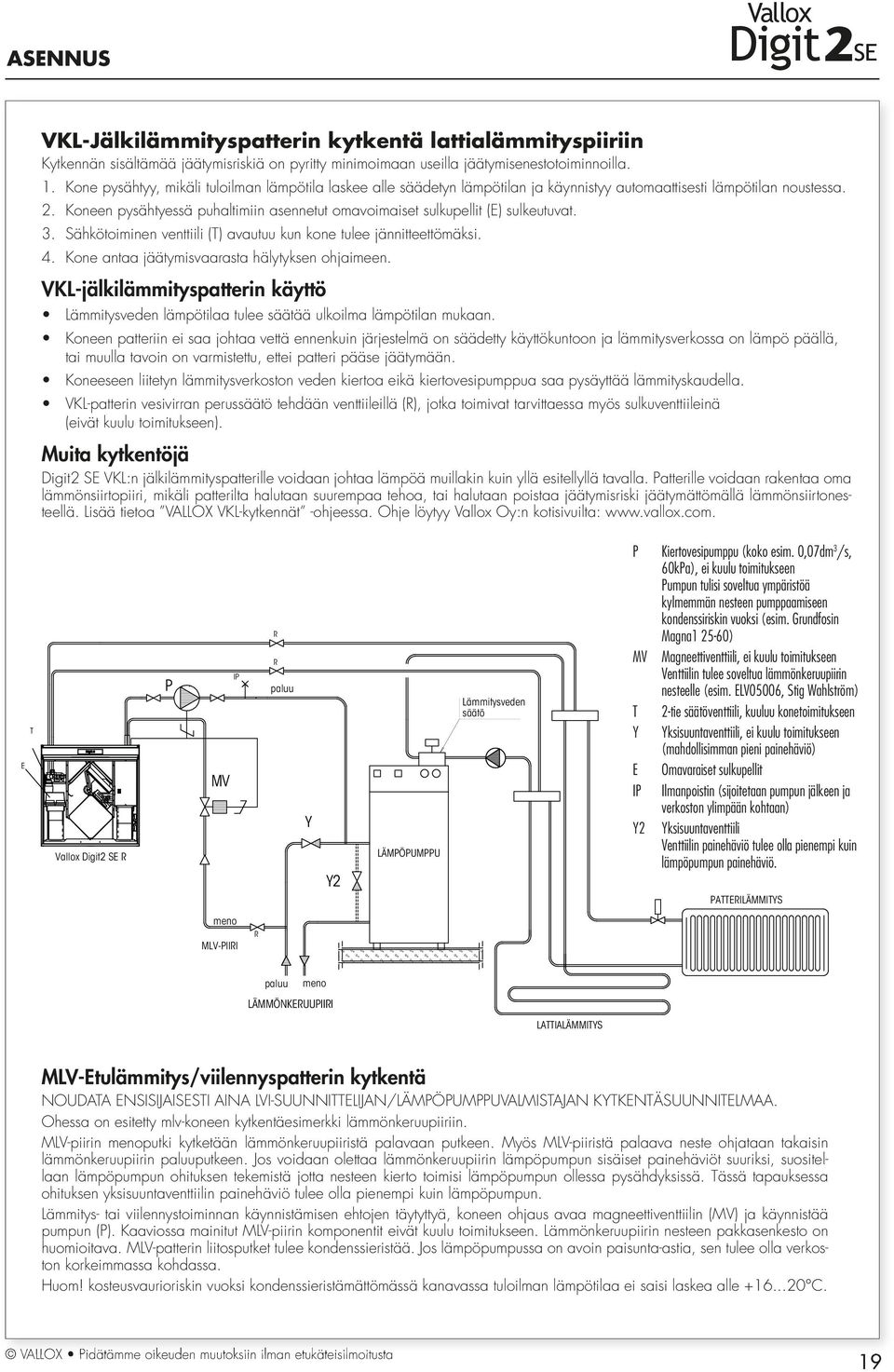 Koneen pysähtyessä puhaltimiin asennetut omavoimaiset sulkupellit (E) sulkeutuvat. 3. Sähkötoiminen venttiili (T) avautuu kun kone tulee jännitteettömäksi.