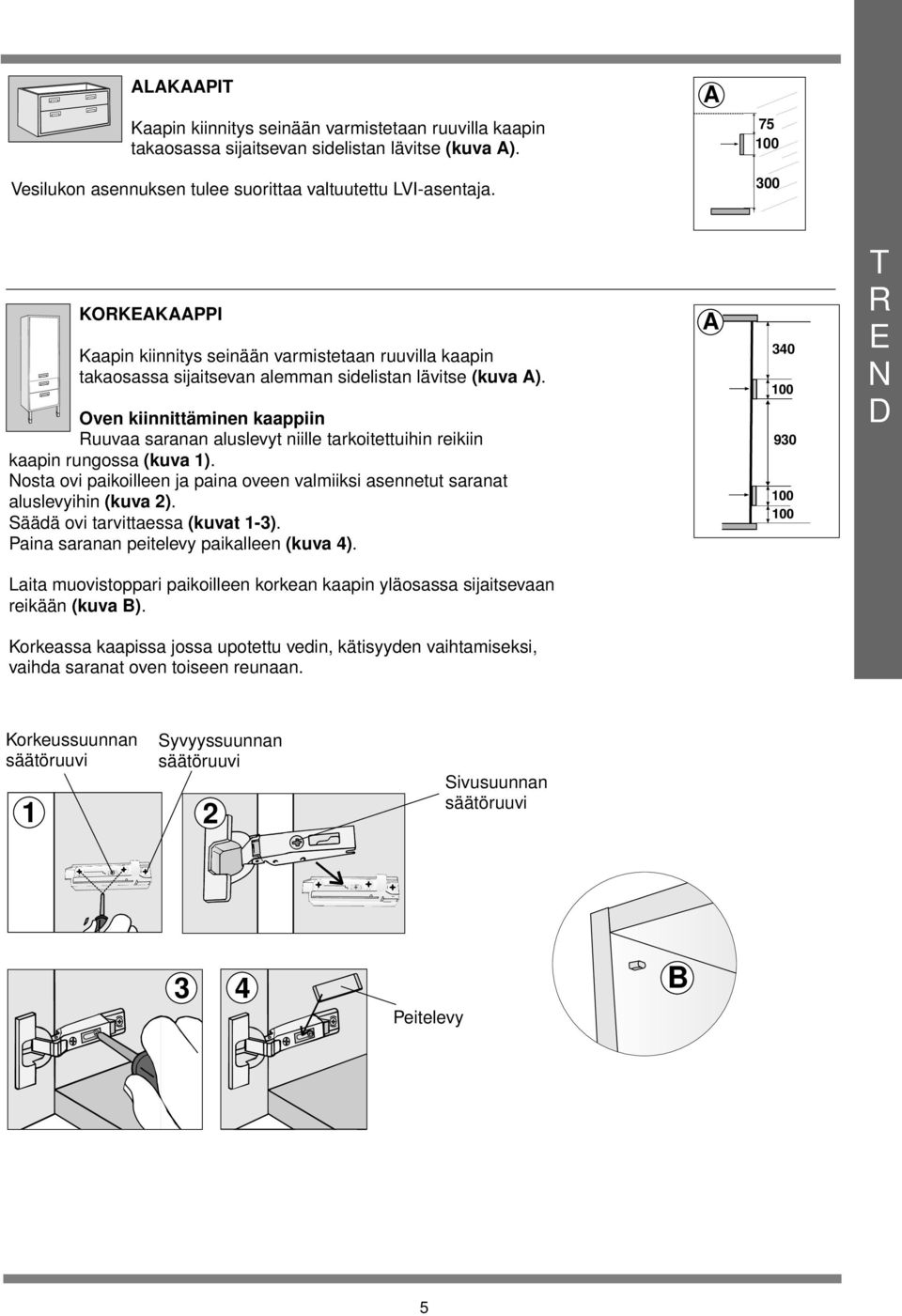 rungossa (kuva ) Nosta ovi paikoilleen ja paina oveen valmiiksi asennetut saranat aluslevyihin (kuva 2) äädä ovi tarvittaessa (kuvat -) Paina saranan peitelevy paikalleen (kuva 4) 40 90 T R N aita