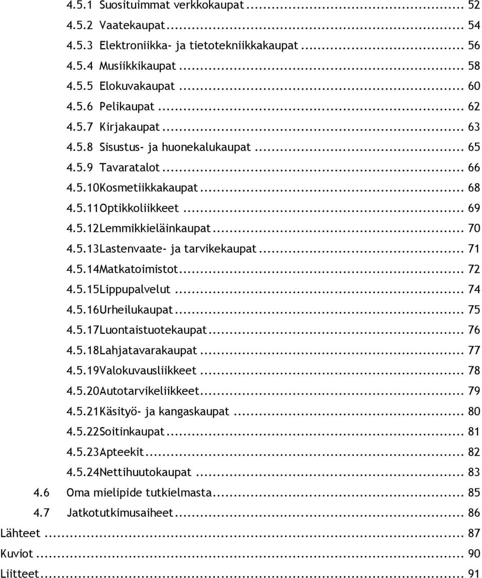 .. 71 4.5.14 Matkatoimistot... 72 4.5.15 Lippupalvelut... 74 4.5.16 Urheilukaupat... 75 4.5.17 Luontaistuotekaupat... 76 4.5.18 Lahjatavarakaupat... 77 4.5.19 Valokuvausliikkeet... 78 4.5.20 Autotarvikeliikkeet.