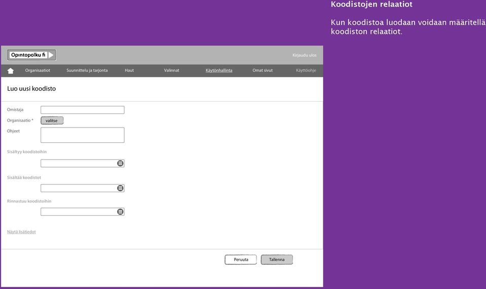 Luo uusi koodisto Omistaja Organisaatio * valitse Ohjeet