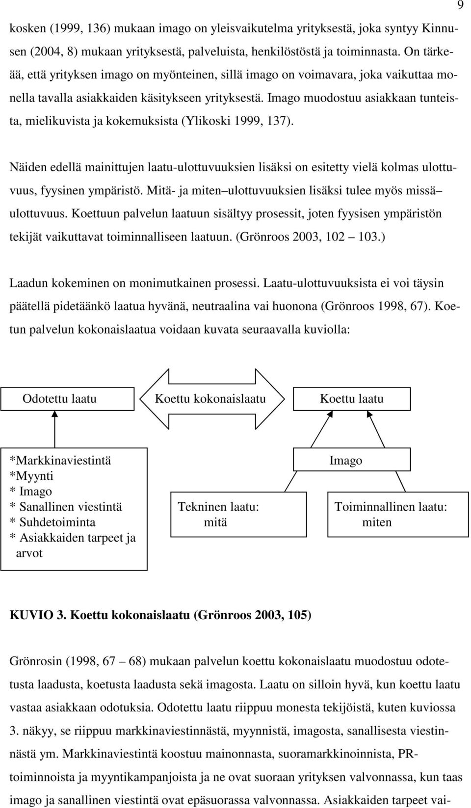 Imago muodostuu asiakkaan tunteista, mielikuvista ja kokemuksista (Ylikoski 1999, 137). Näiden edellä mainittujen laatu-ulottuvuuksien lisäksi on esitetty vielä kolmas ulottuvuus, fyysinen ympäristö.