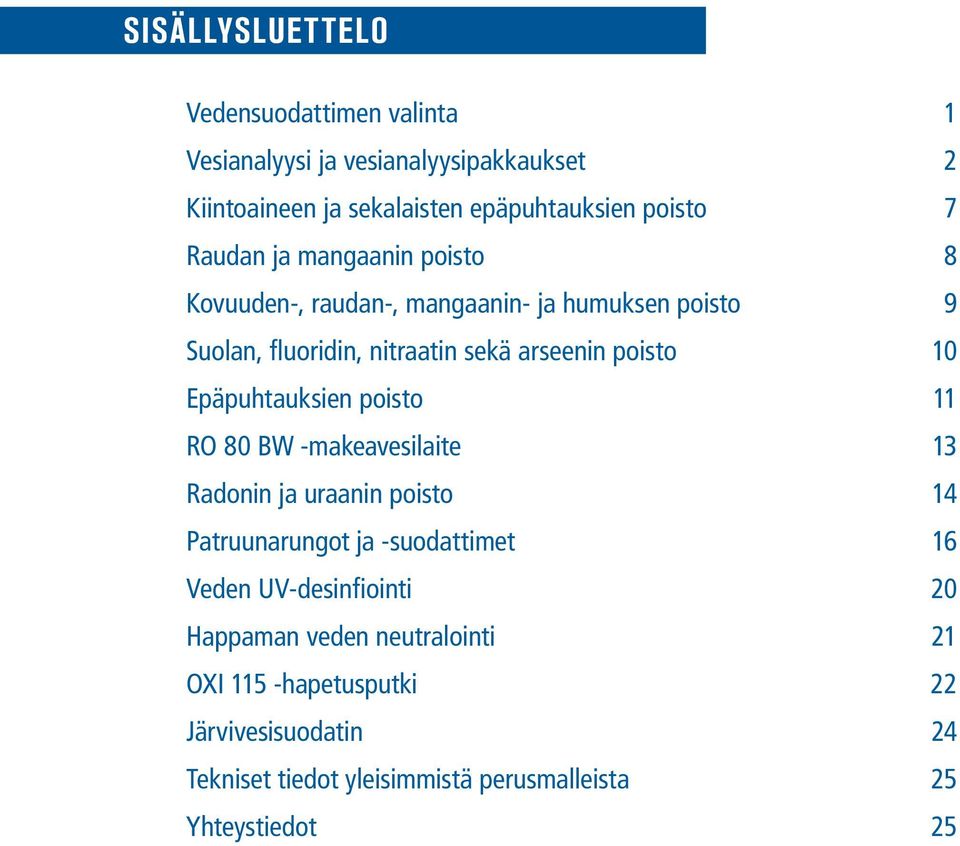 Epäpuhtauksien poisto RO 80 BW -makeavesilaite Radonin ja uraanin poisto Patruunarungot ja -suodattimet Veden UV-desinfiointi Happaman