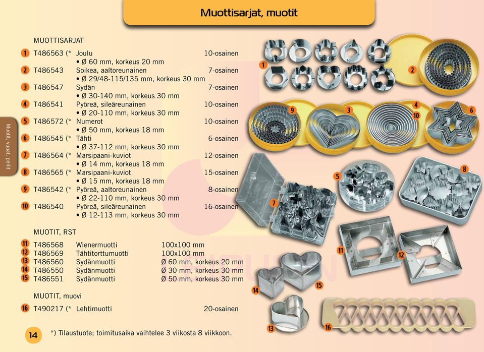 korkeus 30 mm T486564 (* Marsipaani-kuviot 12-osainen Ø 14 mm, korkeus 18 mm T486565 (* Marsipaani-kuviot 15-osainen Ø 15 mm, korkeus 18 mm T486542 (* Pyöreä, aaltoreunainen 8-osainen Ø 22-110 mm,