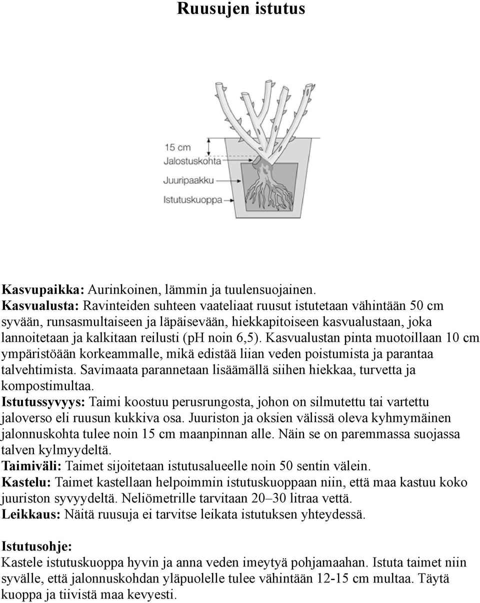6,5). Kasvualustan pinta muotoillaan 10 cm ympäristöään korkeammalle, mikä edistää liian veden poistumista ja parantaa talvehtimista.