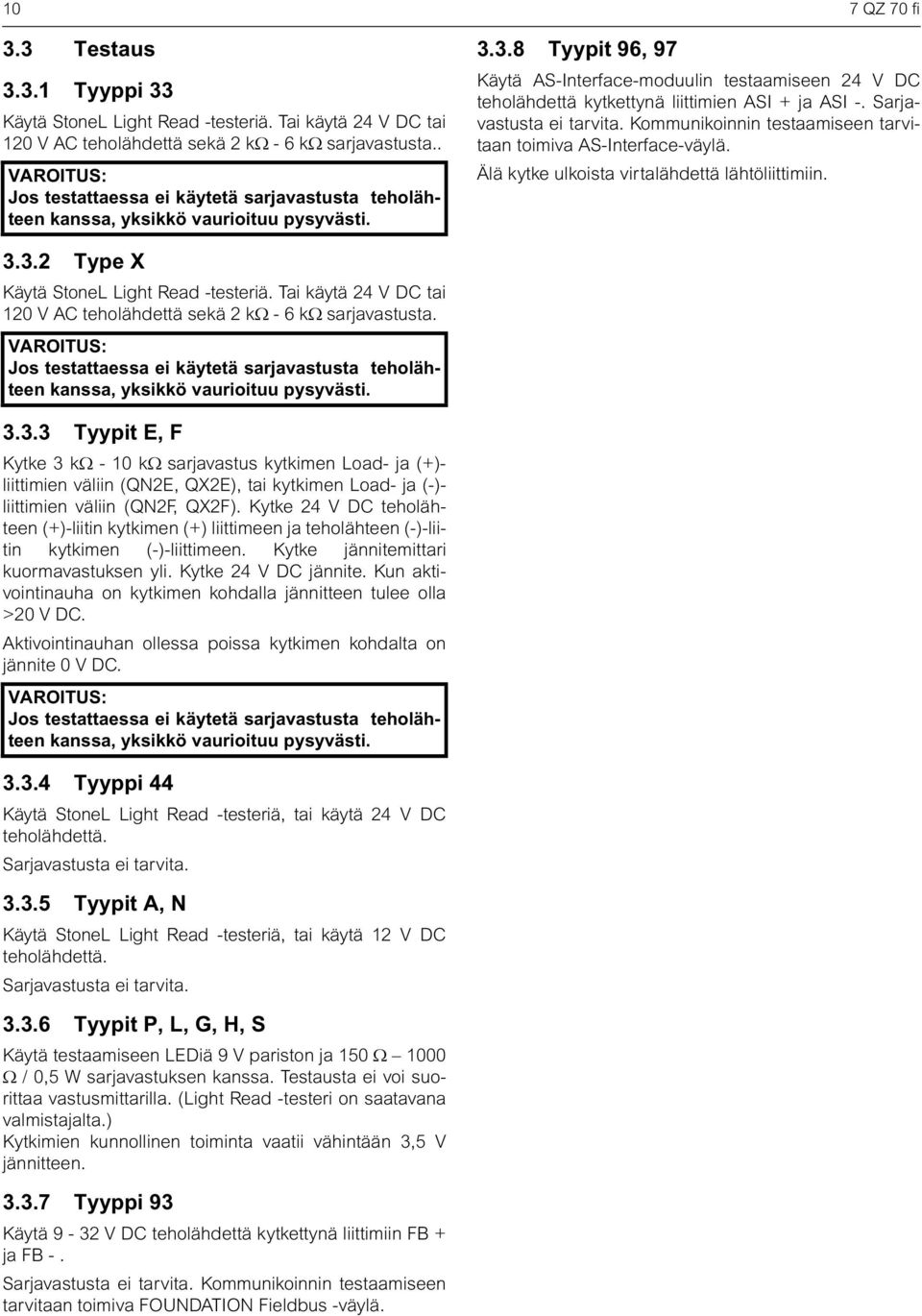 3.8 Tyypit 96, 97 Käytä AS-Interface-moduulin testaamiseen 24 V D teholähdettä kytkettynä liittimien ASI + ja ASI -. Sarjavastusta ei tarvita.