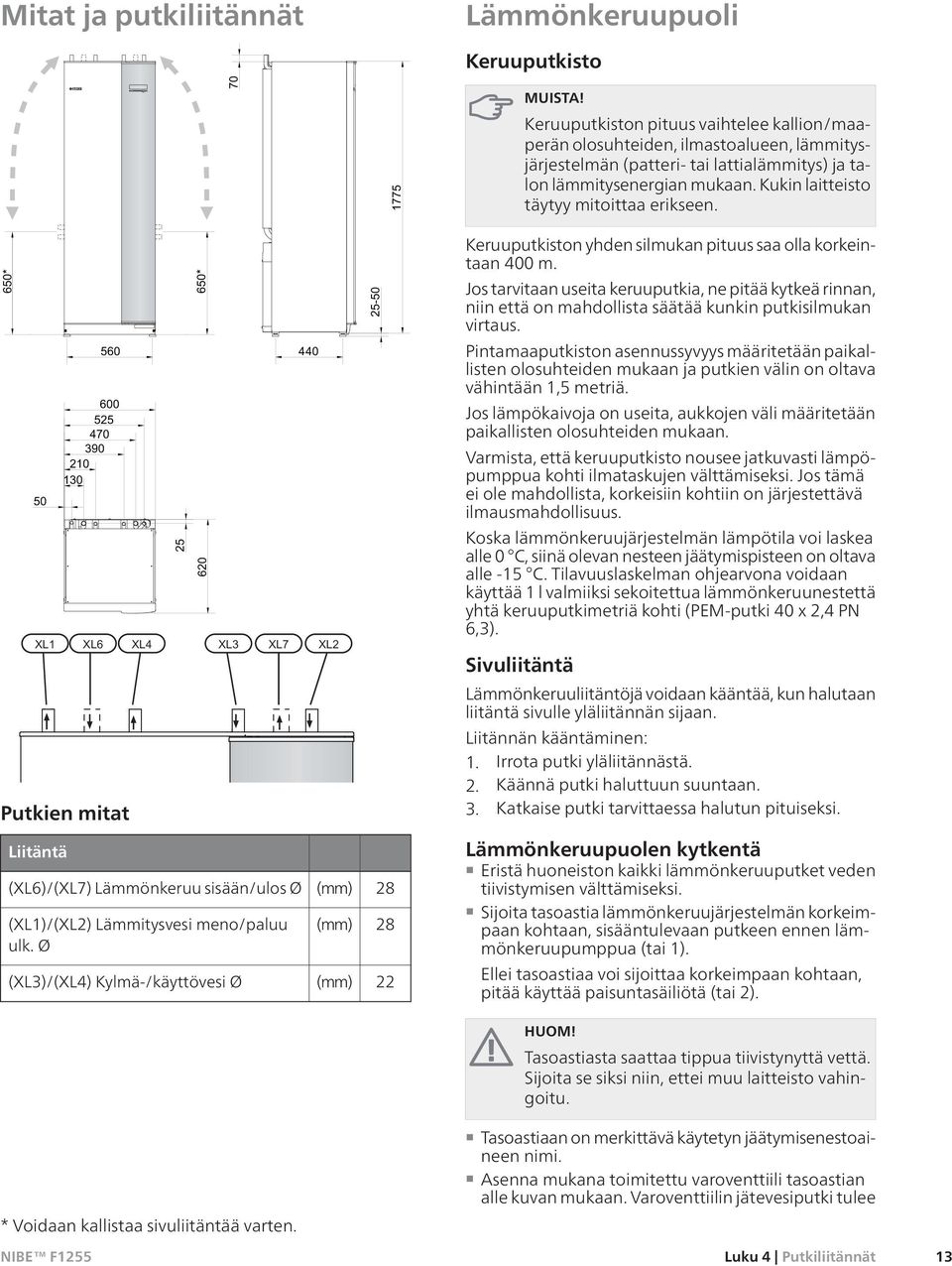 Ø (XL3)/(XL4) Kylmä-/käyttövesi Ø (mm) (mm) (mm) 25-50 1775 28 28 22 Keruuputkiston pituus vaihtelee kallion/maaperän olosuhteiden, ilmastoalueen, lämmitysjärjestelmän (patteri- tai lattialämmitys)