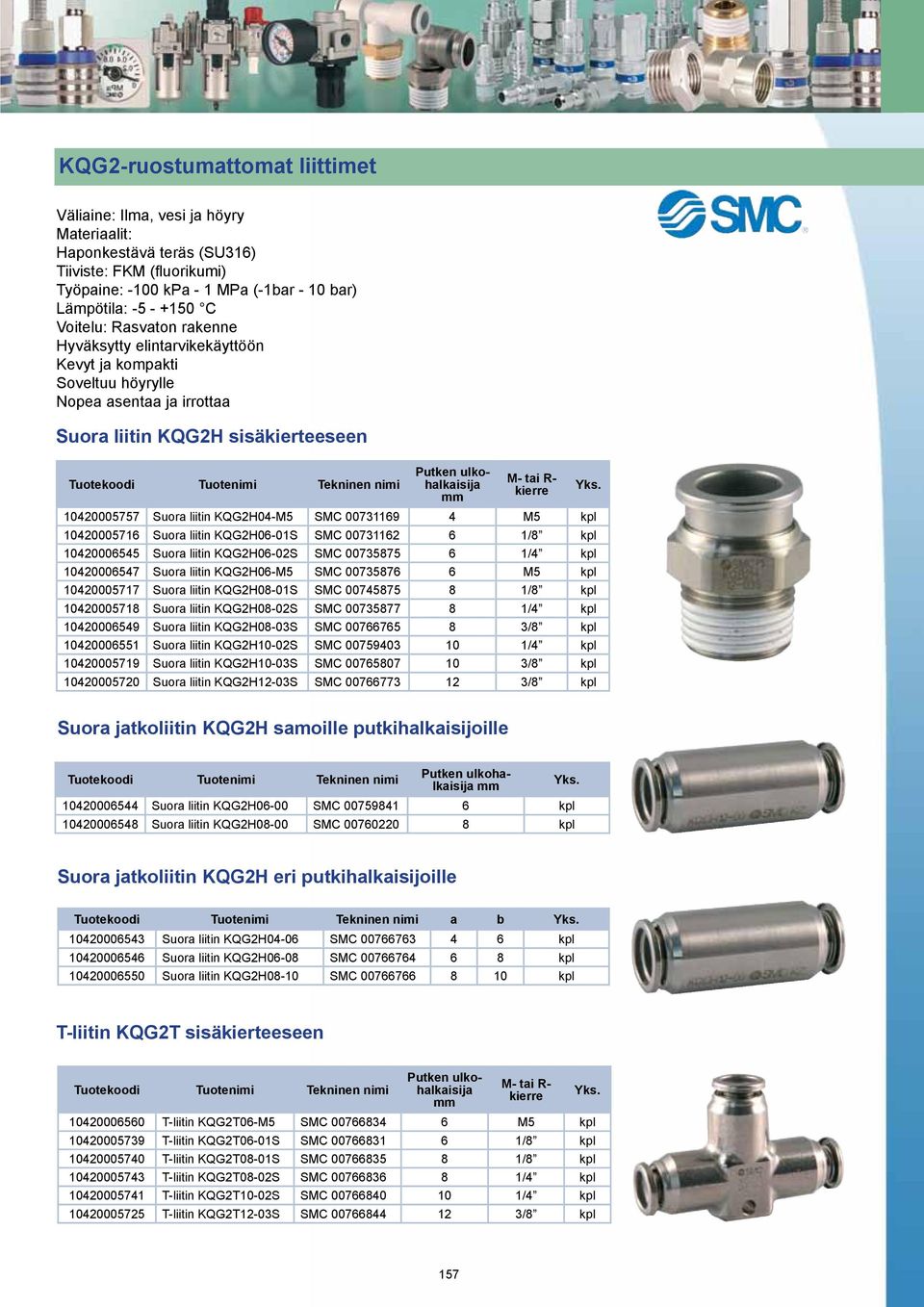 ulkohalkaisija mm M- tai R- kierre 10420005757 Suora liitin KQG2H04-M5 SMC 00731169 4 M5 10420005716 Suora liitin KQG2H06-01S SMC 00731162 6 1/8 10420006545 Suora liitin KQG2H06-02S SMC 00735875 6