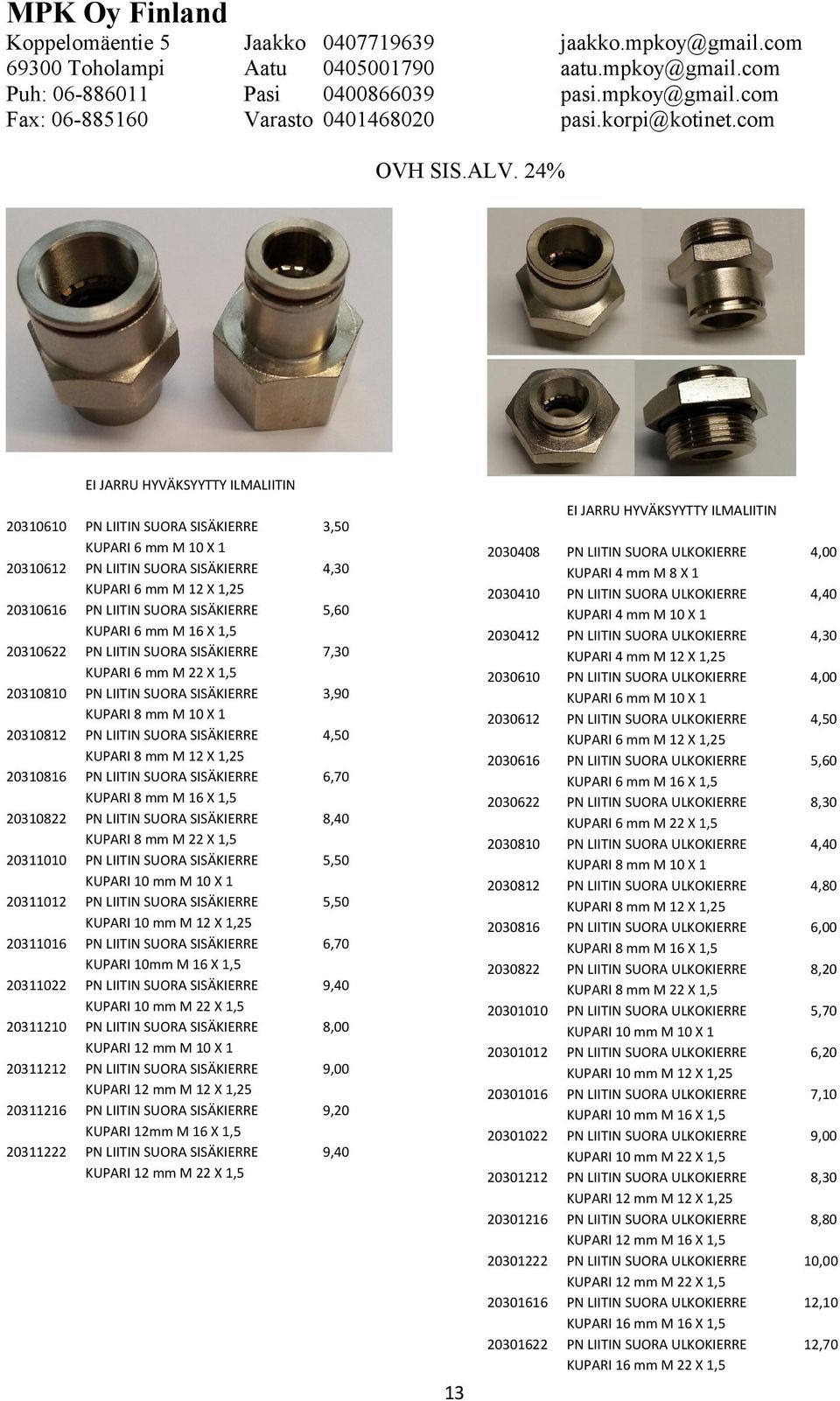 KUPARI 12 mm M X 1 KUPARI 12 mm M 12 X 1,25 KUPARI 12mm M 16 X 1,5 KUPARI 12 mm M 22 X 1,5 EI JARRU HYVÄKSYYTTY ILMALIITIN 3,50 2030408 4,30 20304 5,60 2030412 7,30 20306 3,90 2030612 4,50 2030616