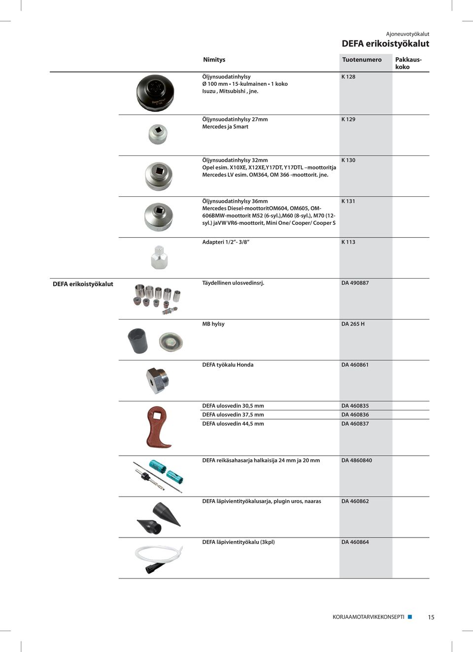 ),M60 (8-syl.), M70 (12- syl.) javw VR6-moottorit, Mini One/ Cooper/ Cooper S K 131 Adapteri 1/2-3/8 K 113 DEFA erikoistyökalut Täydellinen ulosvedinsrj.