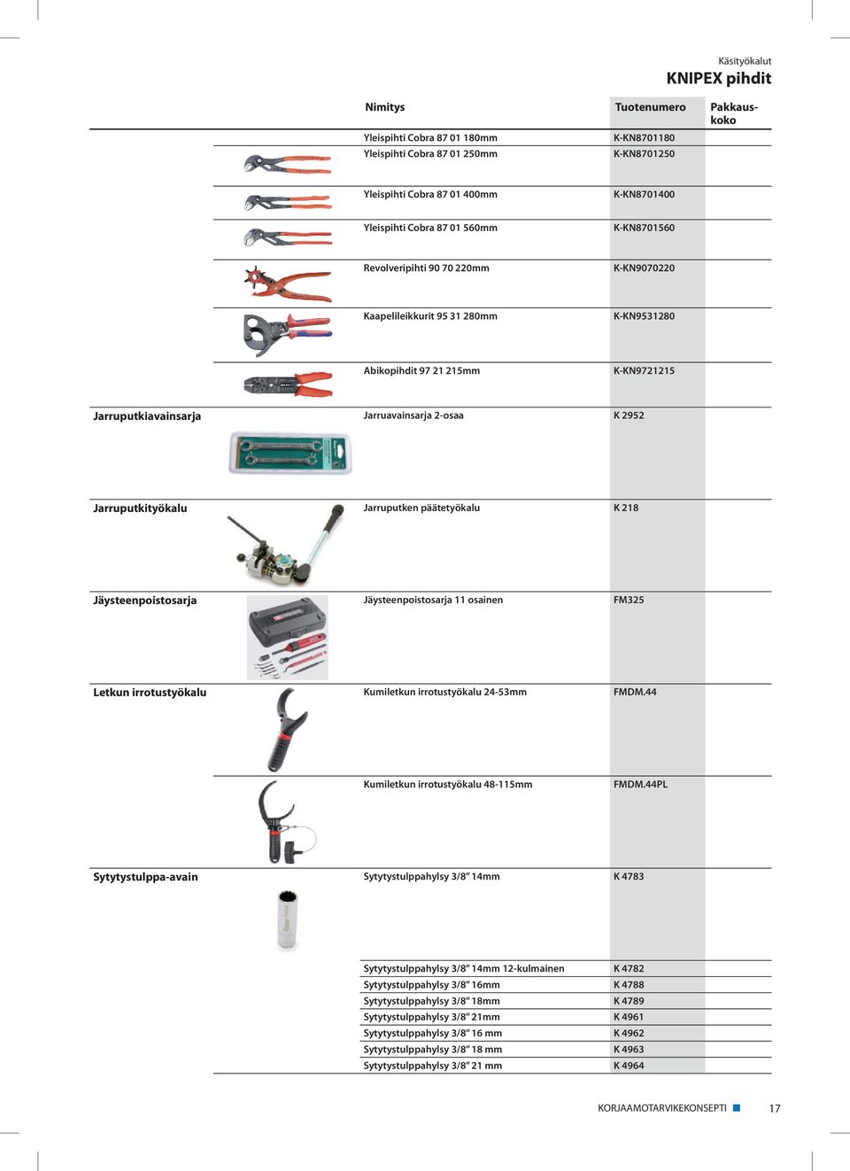 päätetyökalu K 218 Jäysteenpoistosarja Jäysteenpoistosarja 11 osainen FM325 Letkun irrotustyökalu Kumiletkun irrotustyökalu 24-53mm FMDM.44 Kumiletkun irrotustyökalu 48-115mm FMDM.