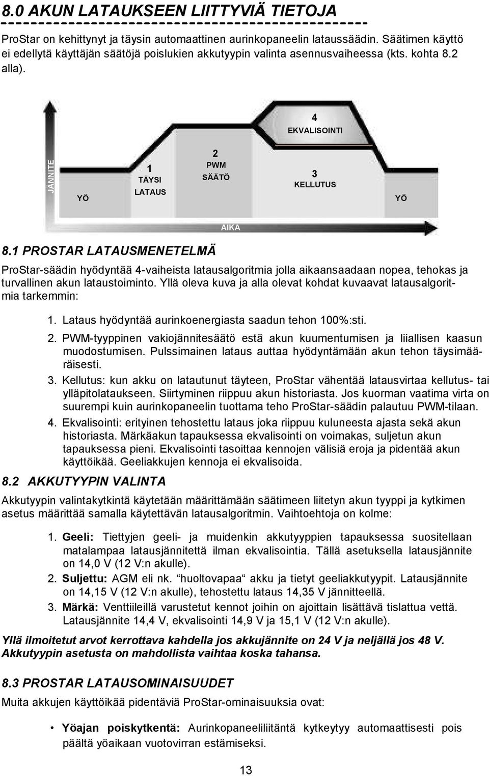 1 PROSTAR LATAUSMENETELMÄ ProStar-säädin hyödyntää 4-vaiheista latausalgoritmia jolla aikaansaadaan nopea, tehokas ja turvallinen akun lataustoiminto.