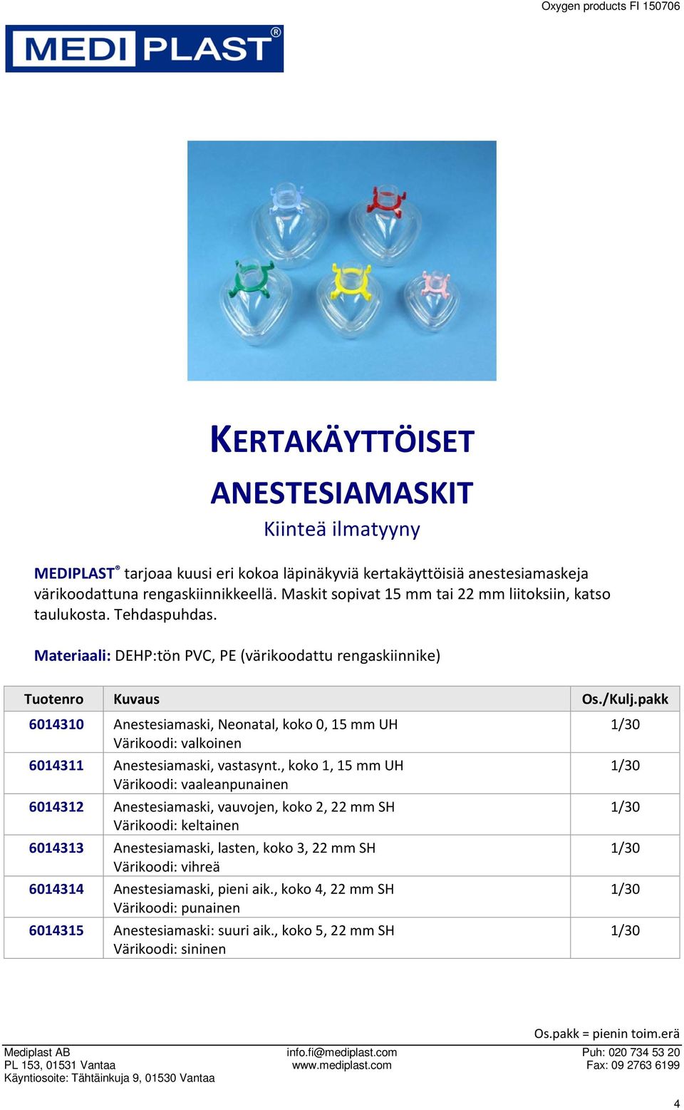 / 6014310 Anestesiamaski, Neonatal, koko 0, 15 mm UH Värikoodi: valkoinen 6014311 Anestesiamaski, vastasynt.