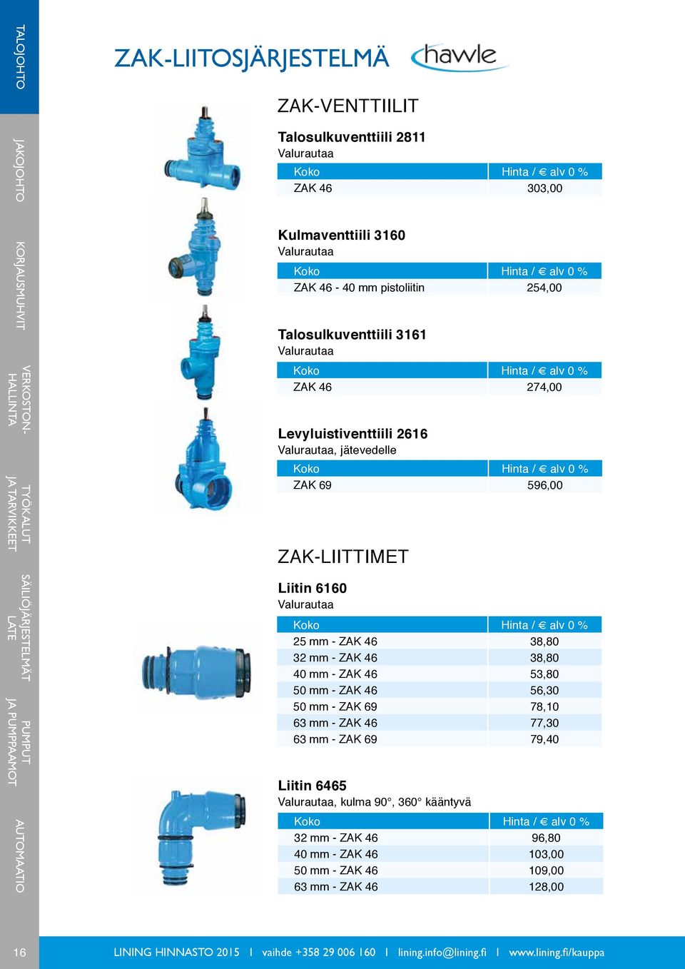 32 mm - ZAK 46 38,80 40 mm - ZAK 46 53,80 50 mm - ZAK 46 56,30 50 mm - ZAK 69 78,10 63 mm - ZAK 46 77,30 63 mm - ZAK 69 79,40 Liitin 6465 Valurautaa, kulma 90, 360 kääntyvä 32