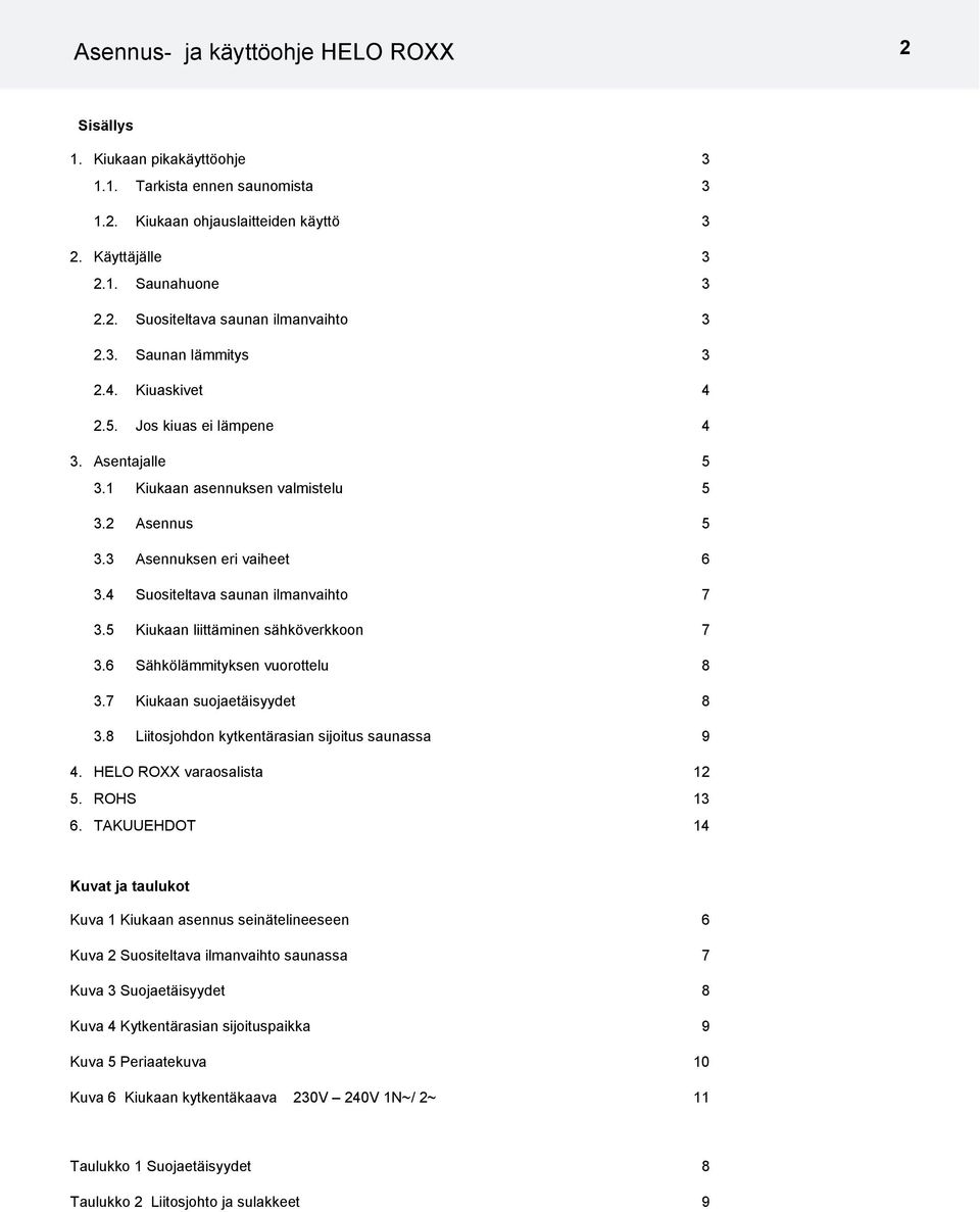 4 Suositeltava saunan ilmanvaihto 7 3.5 Kiukaan liittäminen sähköverkkoon 7 3.6 Sähkölämmityksen vuorottelu 8 3.7 Kiukaan suojaetäisyydet 8 3.8 Liitosjohdon kytkentärasian sijoitus saunassa 9 4.