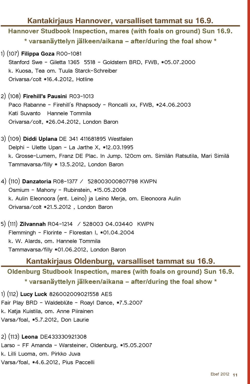 * varsanäyttelyn jälkeen/aikana after/during the foal show * 1) (107) Filippa Goza R00-1081 Stanford Swe - Giletta 1365 5518 - Goldstern BRD, FWB, *05.07.2000 k. Kuosa, Tea om.