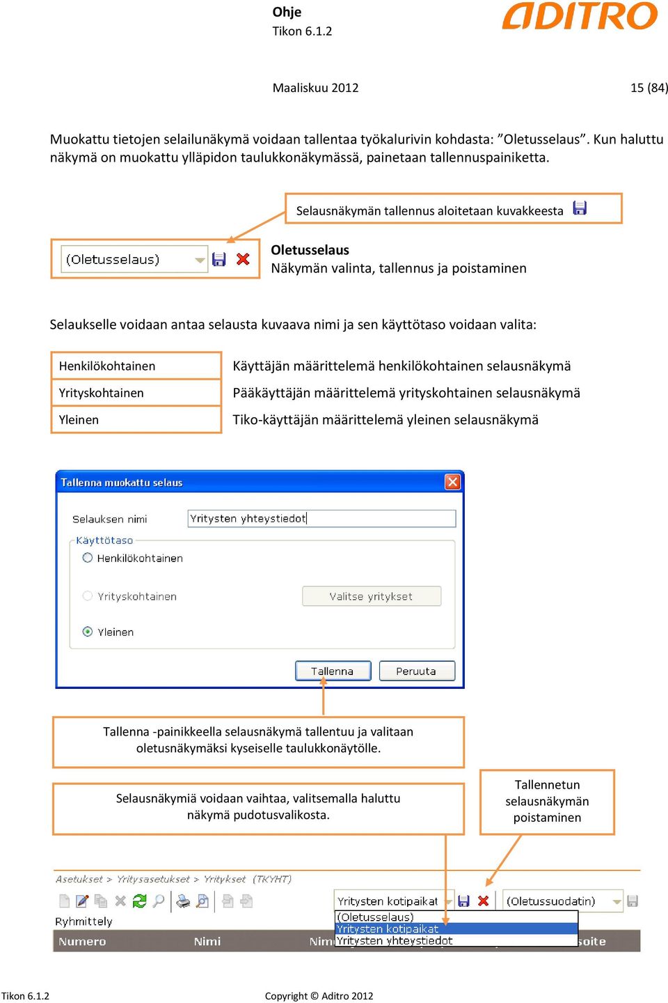 Henkilökohtainen Yrityskohtainen Yleinen Käyttäjän määrittelemä henkilökohtainen selausnäkymä Pääkäyttäjän määrittelemä yrityskohtainen selausnäkymä Tiko-käyttäjän määrittelemä yleinen selausnäkymä