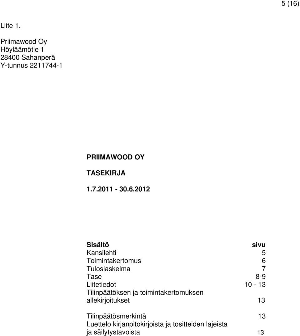 2012 Sisältö sivu Kansilehti 5 Toimintakertomus 6 Tuloslaskelma 7 Tase 8-9