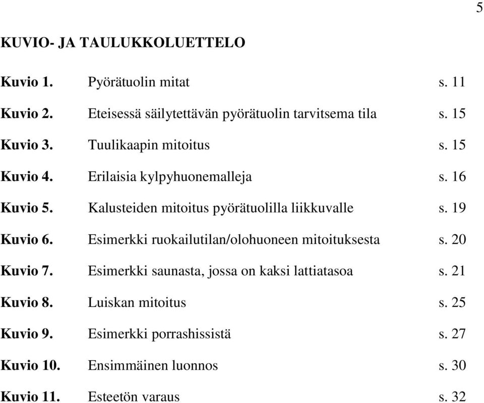 Kalusteiden mitoitus pyörätuolilla liikkuvalle s. 19 Kuvio 6. Esimerkki ruokailutilan/olohuoneen mitoituksesta s. 20 Kuvio 7.