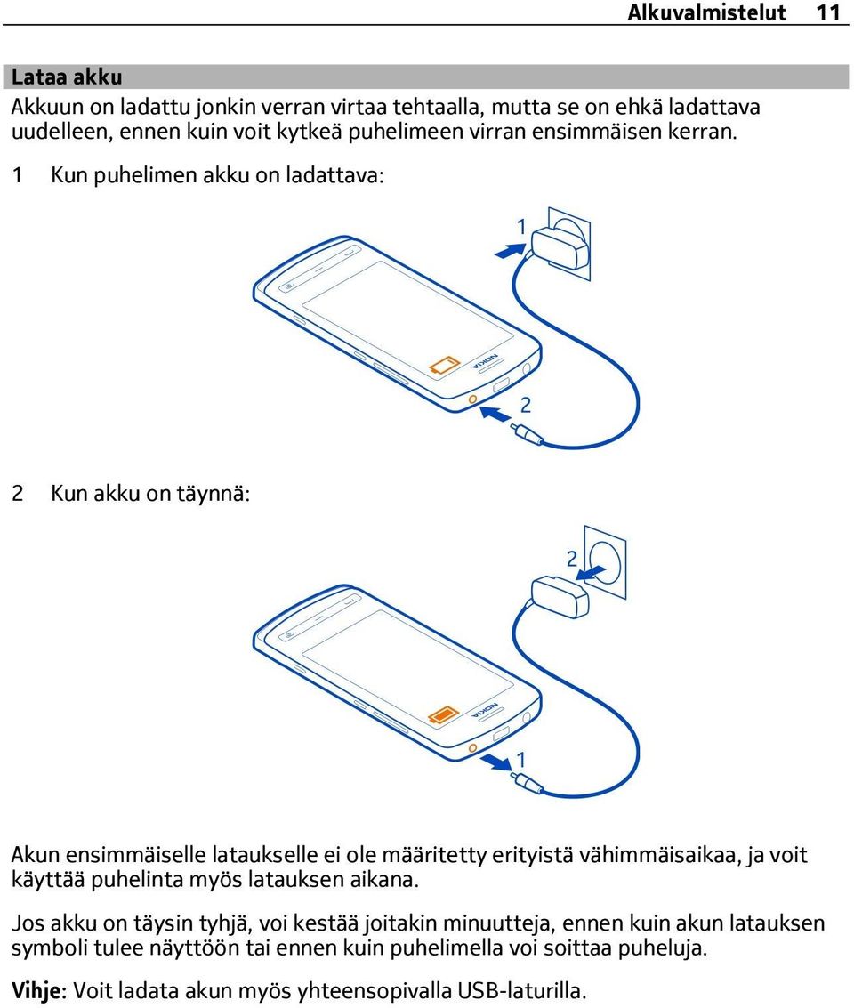 1 Kun puhelimen akku on ladattava: 2 Kun akku on täynnä: Akun ensimmäiselle lataukselle ei ole määritetty erityistä vähimmäisaikaa, ja voit