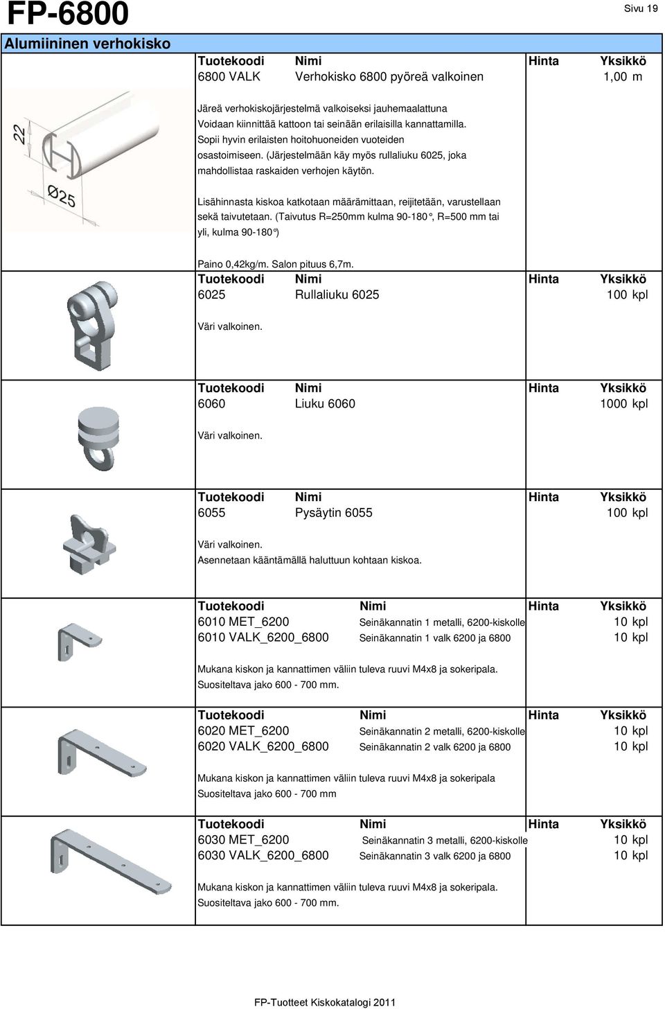 Lisähinnasta kiskoa katkotaan määrämittaan, reijitetään, varustellaan sekä taivutetaan. (Taivutus R=250mm kulma 90-180, R=500 mm tai yli, kulma 90-180 ) Paino 0,42kg/m. Salon pituus 6,7m.