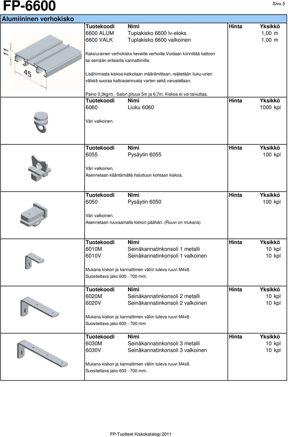 Paino 0,3kg/m. Salon pituus 5m ja 6,7m. Kiskoa ei voi taivuttaa. 6060 Liuku 6060 1000 kpl 6055 Pysäytin 6055 100 kpl Asennetaan kääntämällä haluttuun kohtaan kiskoa.