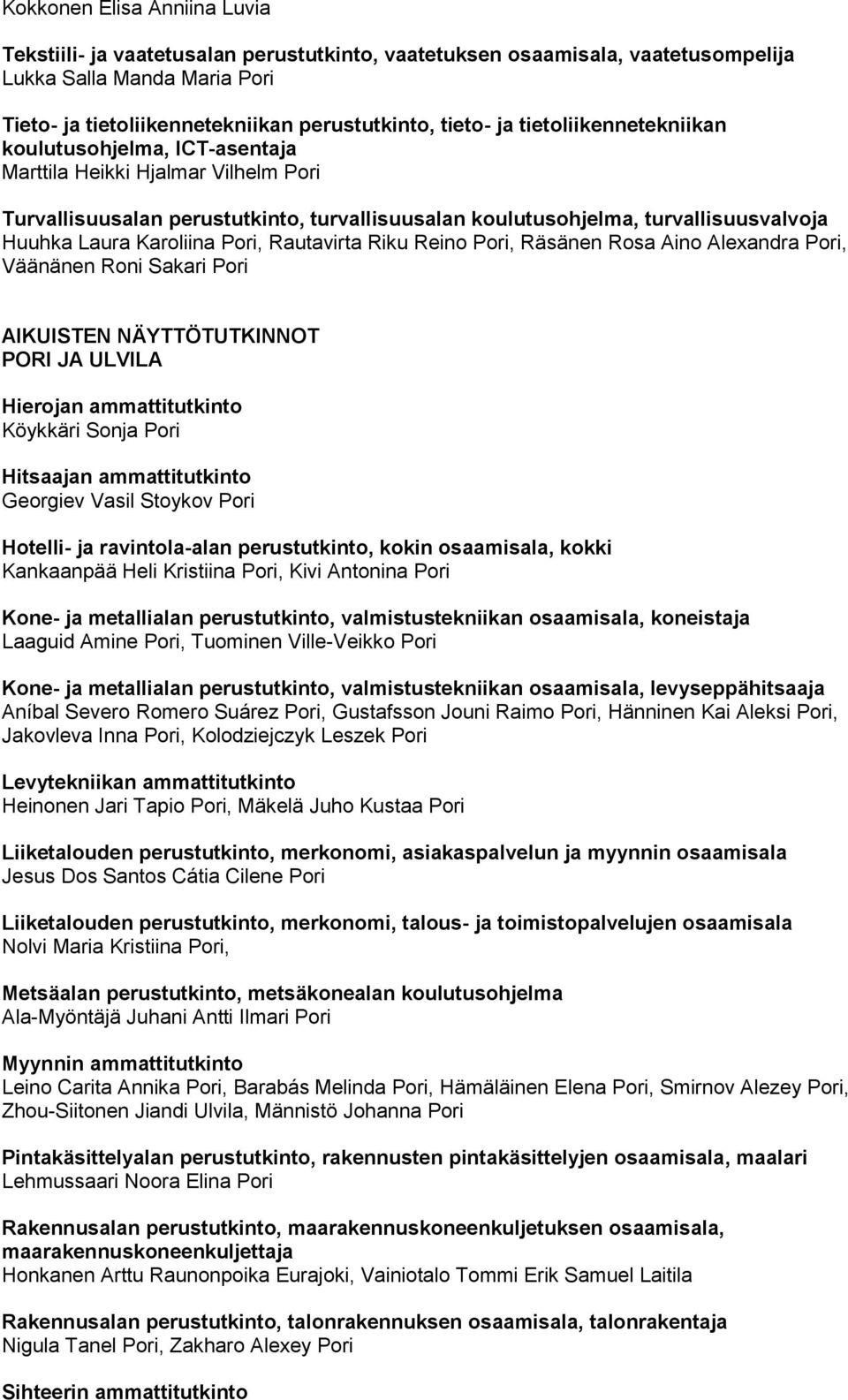 Pori, Rautavirta Riku Reino Pori, Räsänen Rosa Aino Alexandra Pori, Väänänen Roni Sakari Pori PORI JA ULVILA Hierojan ammattitutkinto Köykkäri Sonja Pori Georgiev Vasil Stoykov Pori Hotelli- ja