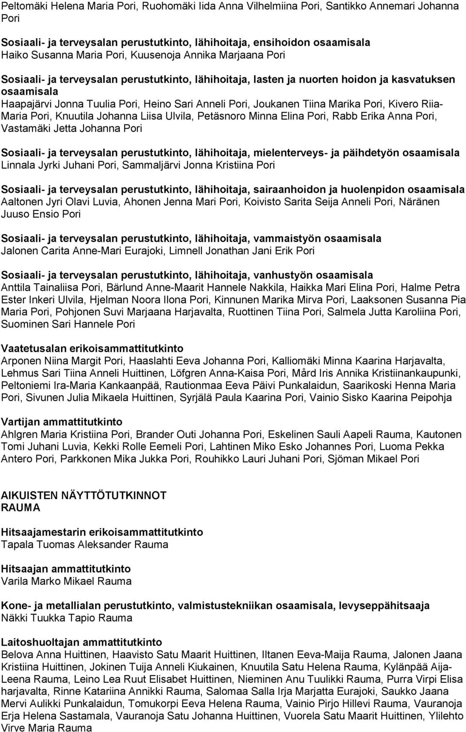 Elina Pori, Rabb Erika Anna Pori, Vastamäki Jetta Johanna Pori Linnala Jyrki Juhani Pori, Sammaljärvi Jonna Kristiina Pori Aaltonen Jyri Olavi Luvia, Ahonen Jenna Mari Pori, Koivisto Sarita Seija