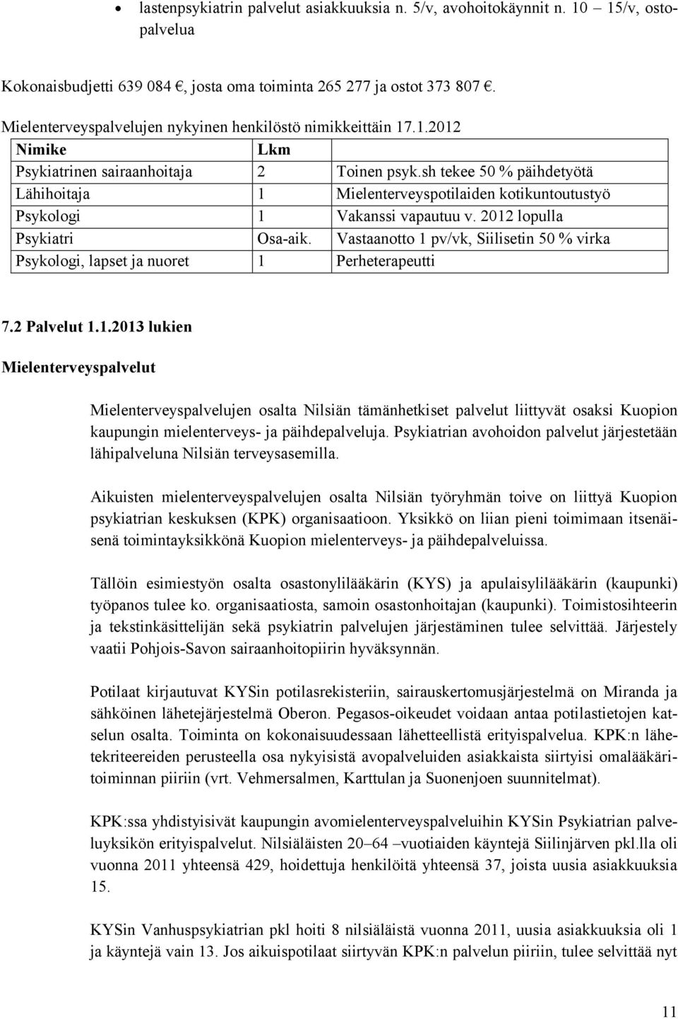 sh tekee 50 % päihdetyötä Lähihoitaja 1 Mielenterveyspotilaiden kotikuntoutustyö Psykologi 1 Vakanssi vapautuu v. 2012 lopulla Psykiatri Osa-aik.