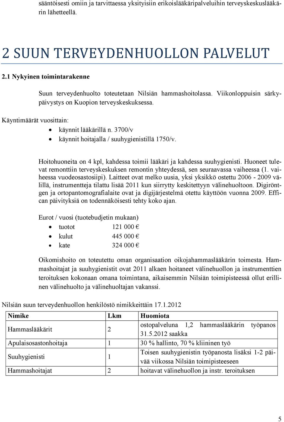 3700/v käynnit hoitajalla / suuhygienistillä 1750/v. Hoitohuoneita on 4 kpl, kahdessa toimii lääkäri ja kahdessa suuhygienisti.