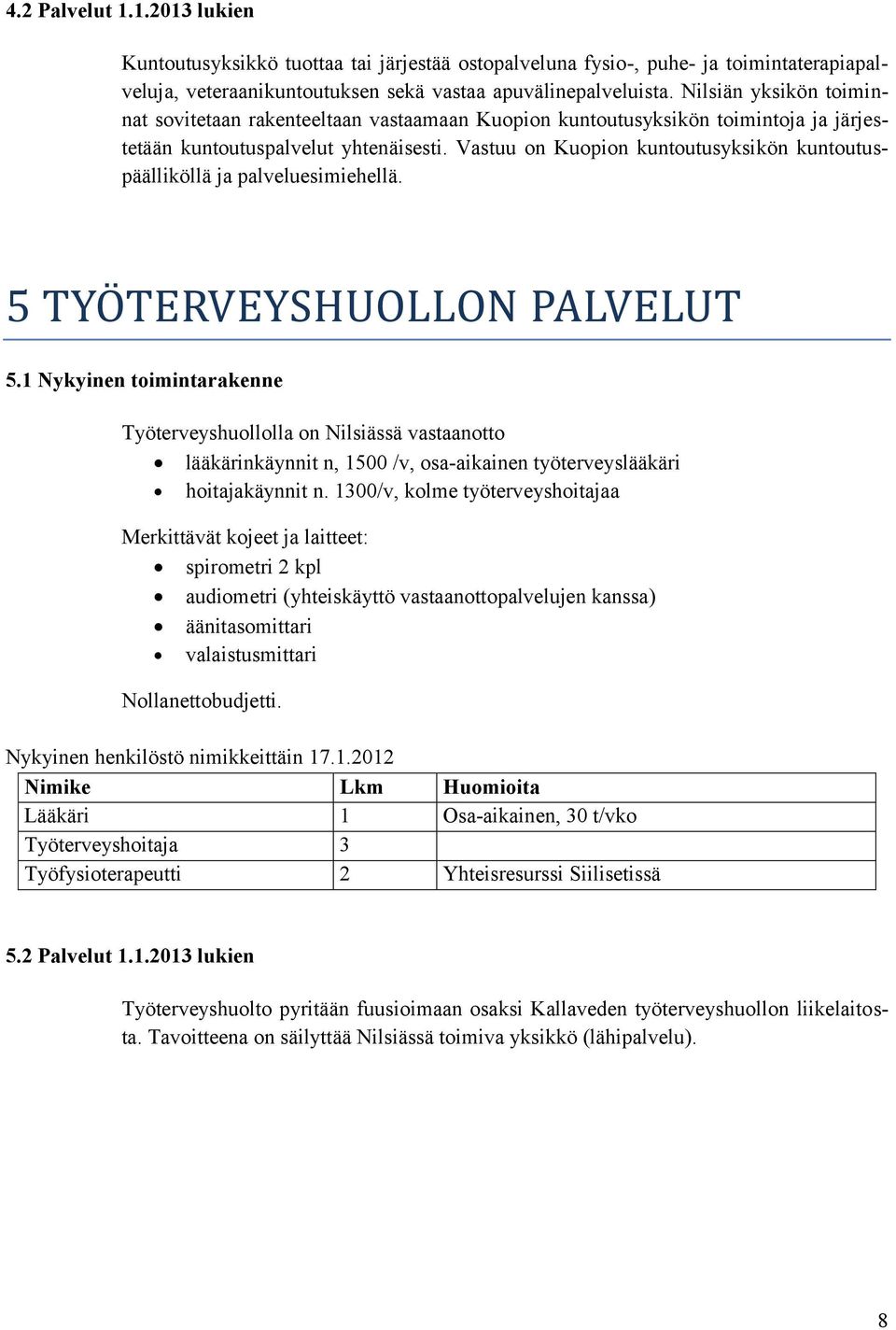 Vastuu on Kuopion kuntoutusyksikön kuntoutuspäälliköllä ja palveluesimiehellä. 5 TYO TERVEYSHUOLLON PALVELUT 5.