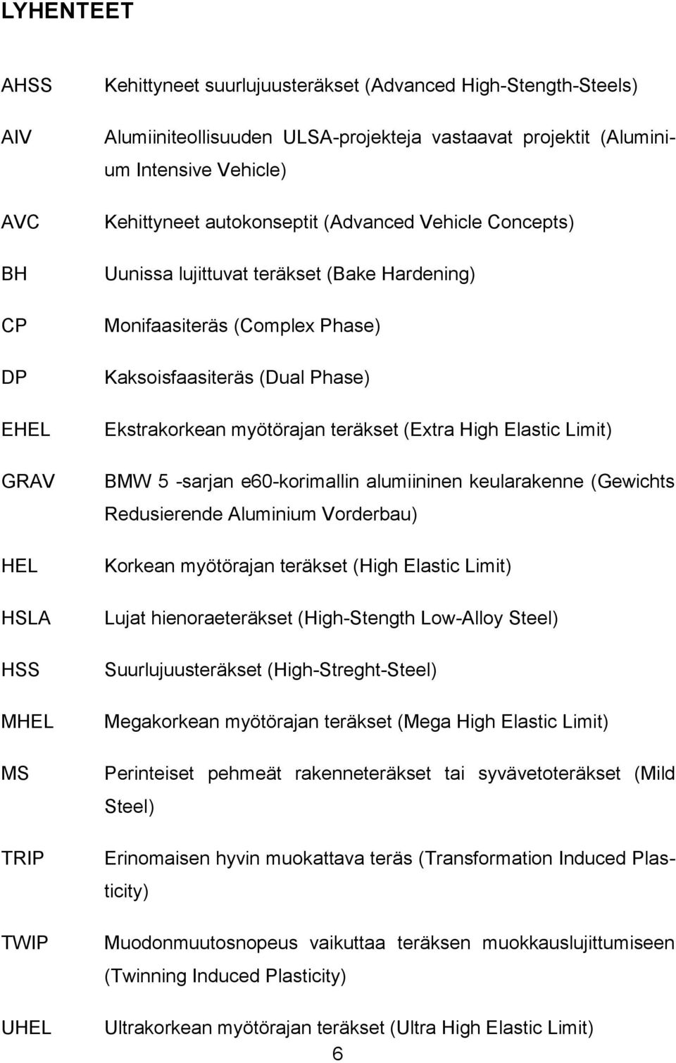 Ekstrakorkean myötörajan teräkset (Extra High Elastic Limit) BMW 5 -sarjan e60-korimallin alumiininen keularakenne (Gewichts Redusierende Aluminium Vorderbau) Korkean myötörajan teräkset (High