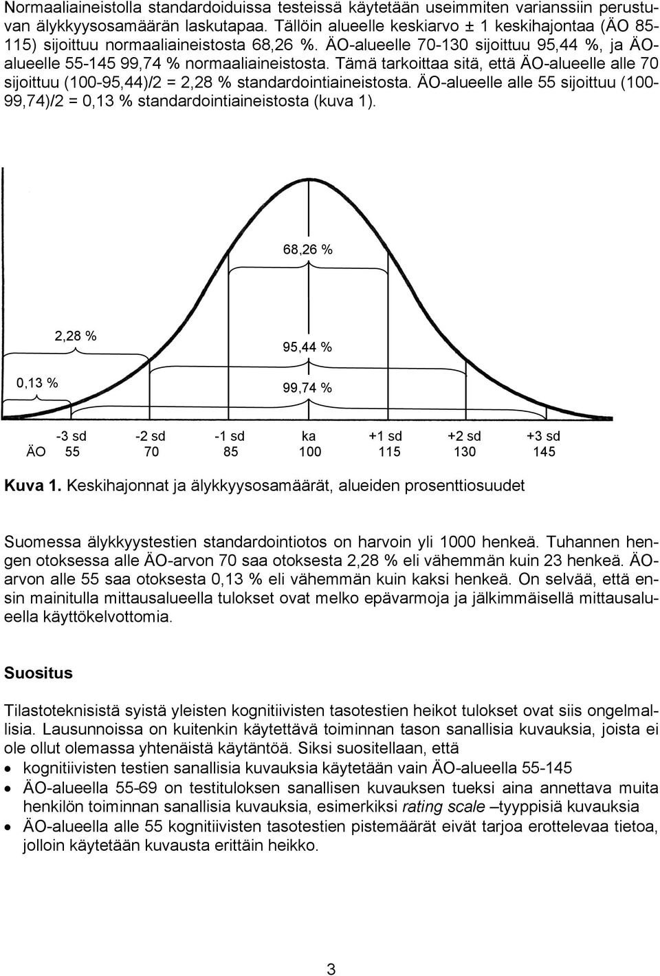 Tämä tarkoittaa sitä, että ÄO-alueelle alle 70 sijoittuu (100-95,44)/2 = 2,28 % standardointiaineistosta. ÄO-alueelle alle 55 sijoittuu (100-99,74)/2 = 0,13 % standardointiaineistosta (kuva 1).