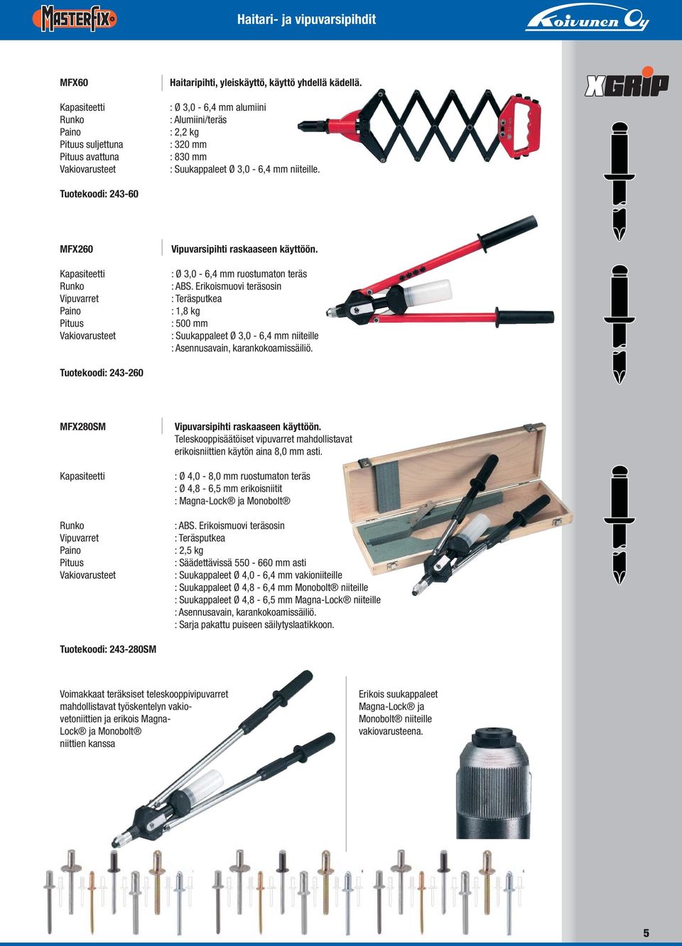 Erikoismuovi osin : Teräsputkea : 1,8 kg : 500 mm : Suukappaleet Ø 3,0-6,4 mm niiteille : Asennusavain, karankokoamissäiliö.