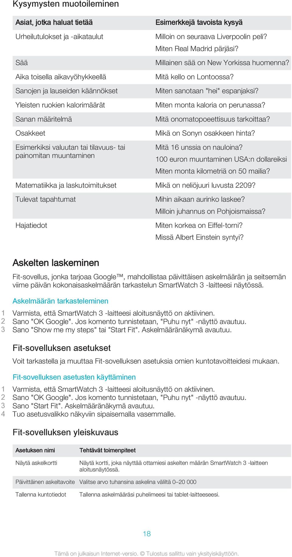 Millainen sää on New Yorkissa huomenna? Mitä kello on Lontoossa? Miten sanotaan "hei" espanjaksi? Miten monta kaloria on perunassa? Mitä onomatopoeettisuus tarkoittaa? Mikä on Sonyn osakkeen hinta?