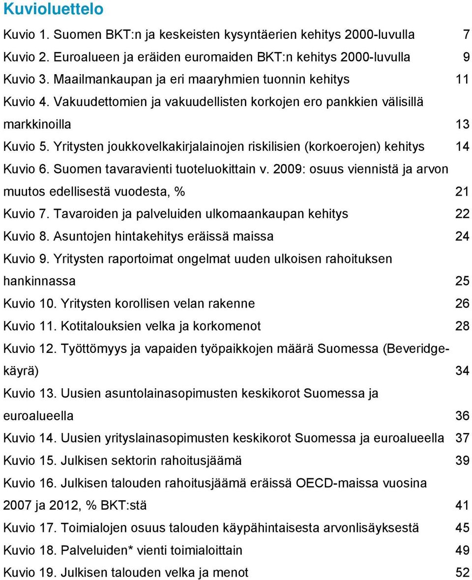 Yritysten joukkovelkakirjalainojen riskilisien (korkoerojen) kehitys 14 Kuvio 6. Suomen tavaravienti tuoteluokittain v. 2009: osuus viennistä ja arvon muutos edellisestä vuodesta, % 21 Kuvio 7.