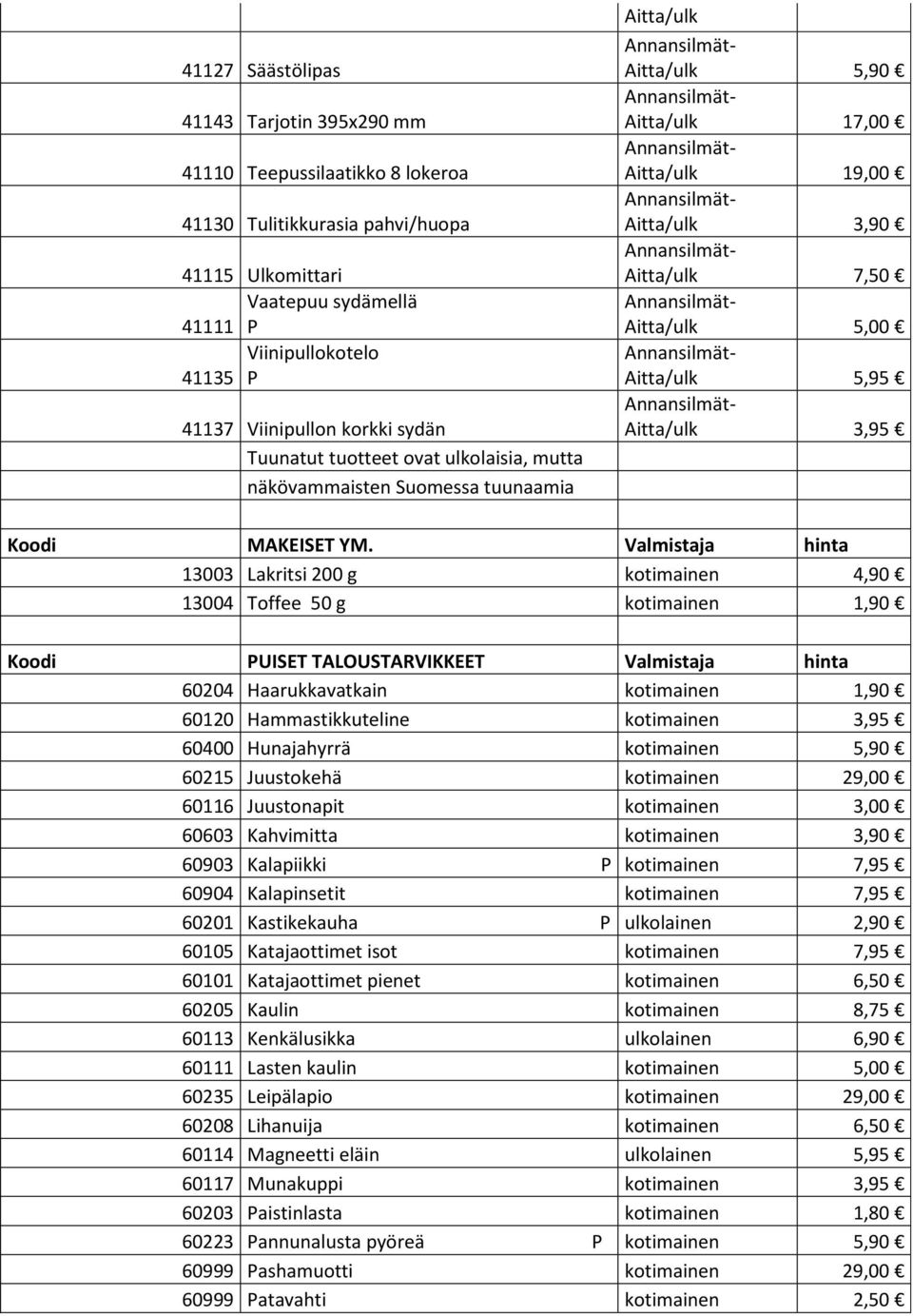 5,95 Aitta/ulk 3,95 Koodi MAKEISET YM.