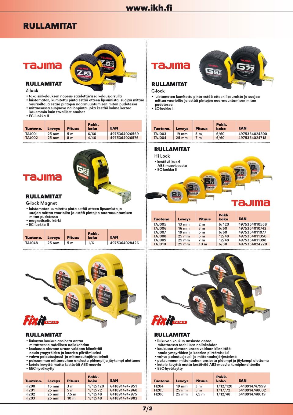 Leveys Pituus TAJ001 25 mm 5 m 6/60 4975364026569 TAJ002 25 mm 8 m 4/40 4975364026576 RULLAMITAT G-lock luistamaton kumitettu pinta estää otteen lipsumista ja suojaa mittaa vaurioilta ja estää