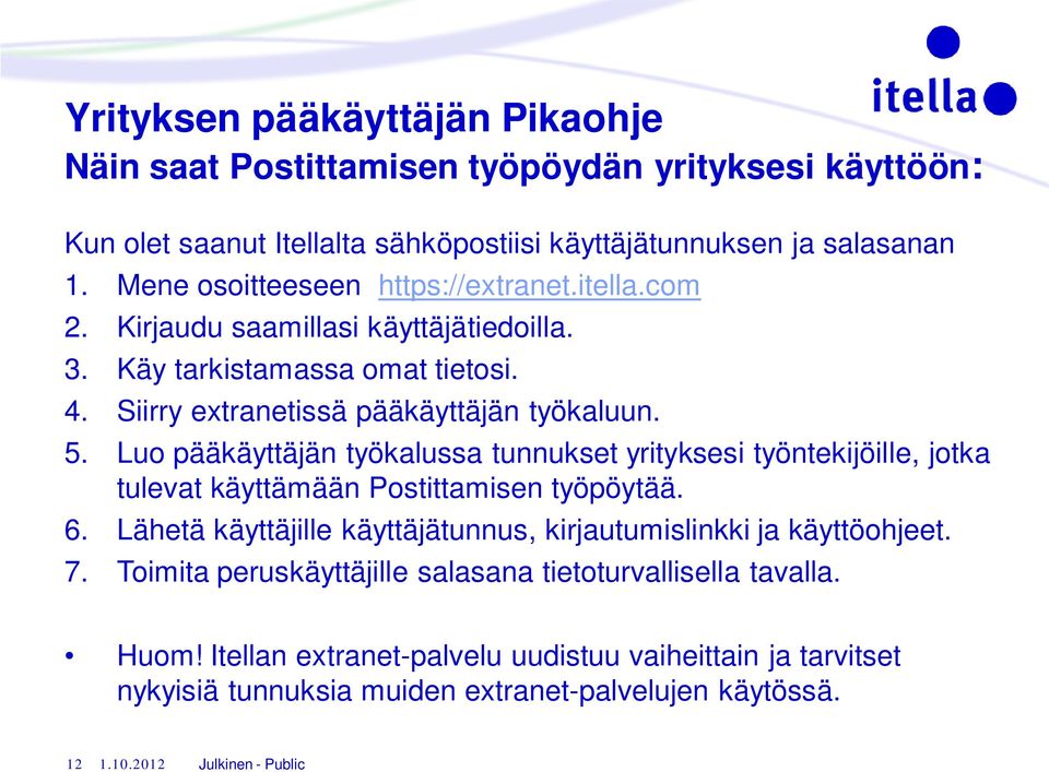 Luo pääkäyttäjän työkalussa tunnukset yrityksesi työntekijöille, jotka tulevat käyttämään Postittamisen työpöytää. 6.