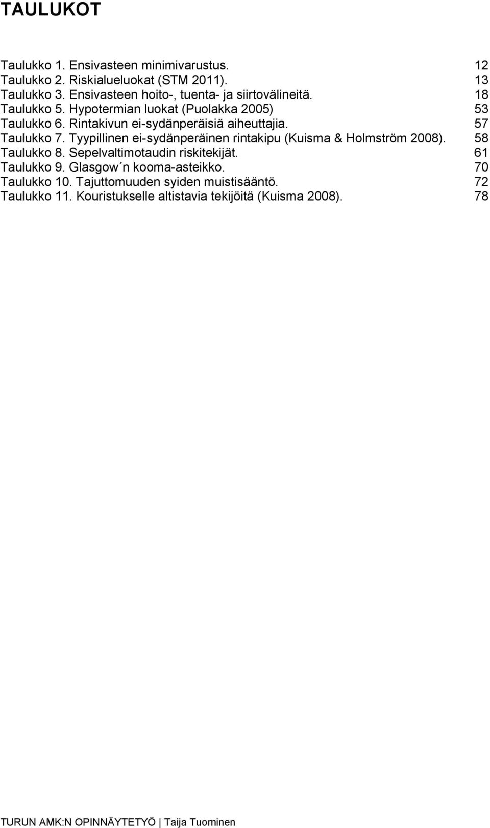 Rintakivun ei-sydänperäisiä aiheuttajia. 57 Taulukko 7. Tyypillinen ei-sydänperäinen rintakipu (Kuisma & Holmström 2008). 58 Taulukko 8.