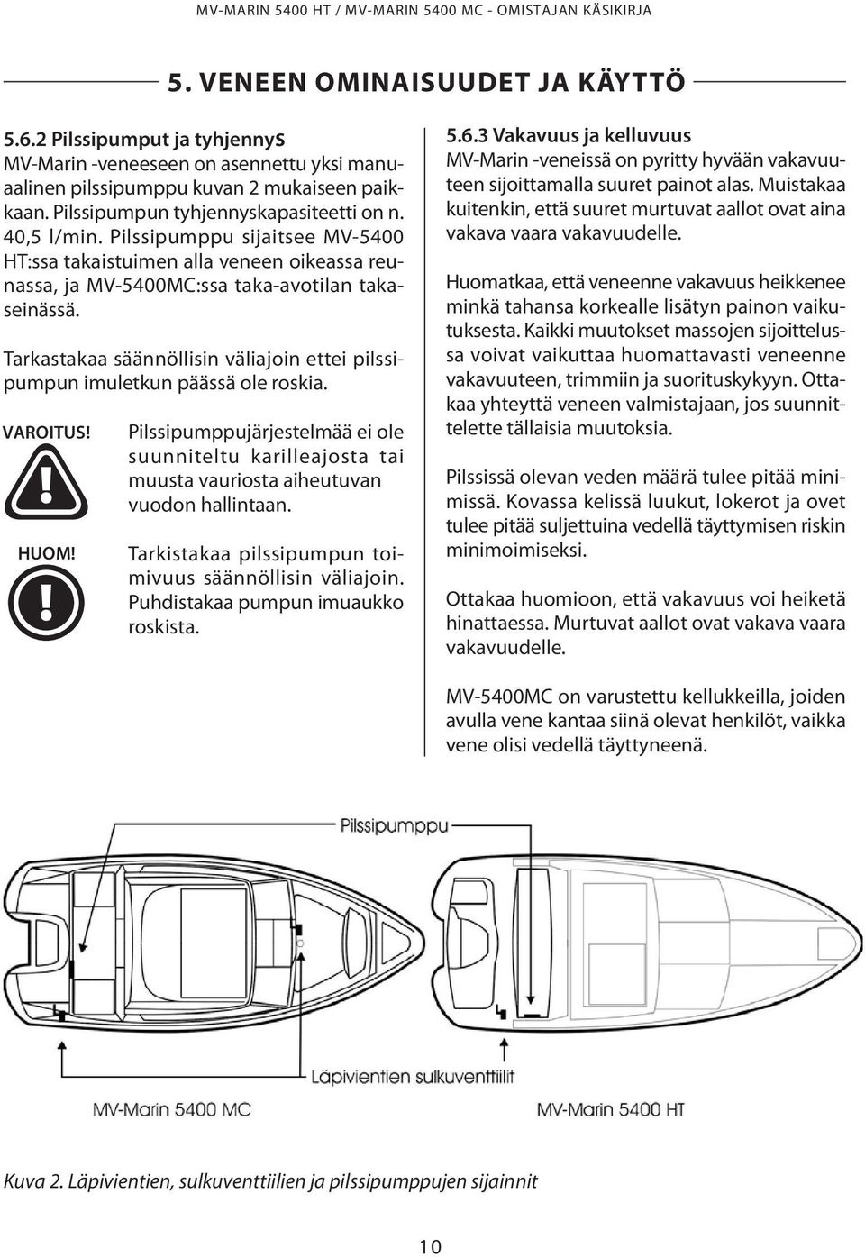 Pilssipumppu sijaitsee MV-5400 HT:ssa takaistuimen alla veneen oikeassa reunassa, ja MV-5400MC:ssa taka-avotilan takaseinässä.