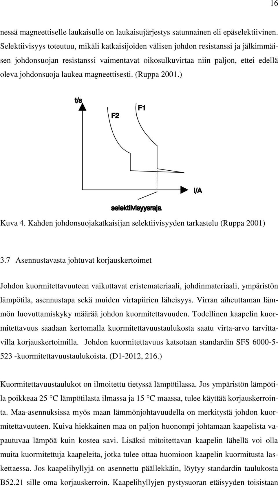 magneettisesti. (Ruppa 2001.) Kuva 4. Kahden johdonsuojakatkaisijan selektiivisyyden tarkastelu (Ruppa 2001) 3.