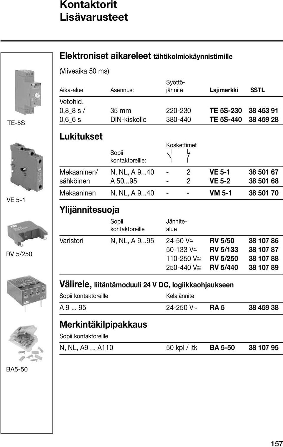 ..95-2 VE 5-2 38 501 68 Mekaaninen N, NL, A 9...40 - - VM 5-1 38 501 70 Ylijännitesuoja Sopii Jännitekontaktoreille alue Varistori N, NL, A 9.