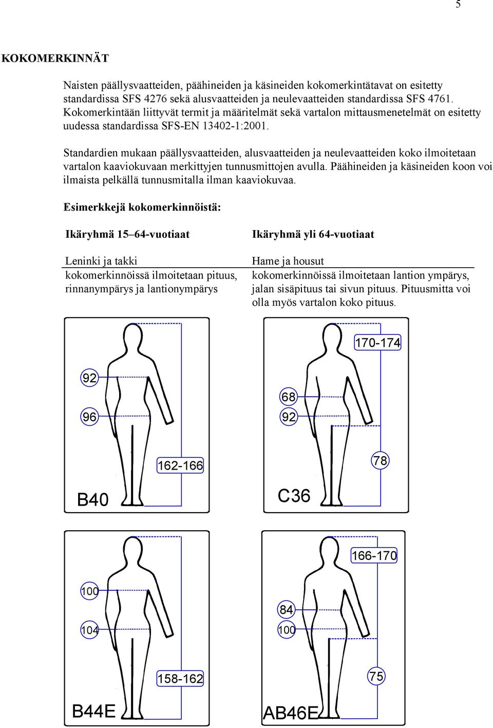 Standardien mukaan päällysvaatteiden, alusvaatteiden ja neulevaatteiden koko ilmoitetaan vartalon kaaviokuvaan merkittyjen tunnusmittojen avulla.