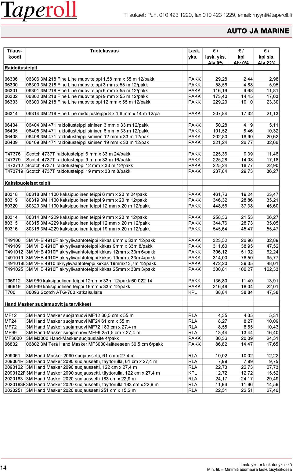 muoviteippi 6 mm x 55 m 12/pakk PAKK 116,16 9,68 11,81 06302 06302 3M 218 Fine Line muoviteippi 9 mm x 55 m 12/pakk PAKK 173,40 14,45 17,63 06303 06303 3M 218 Fine Line muoviteippi 12 mm x 55 m