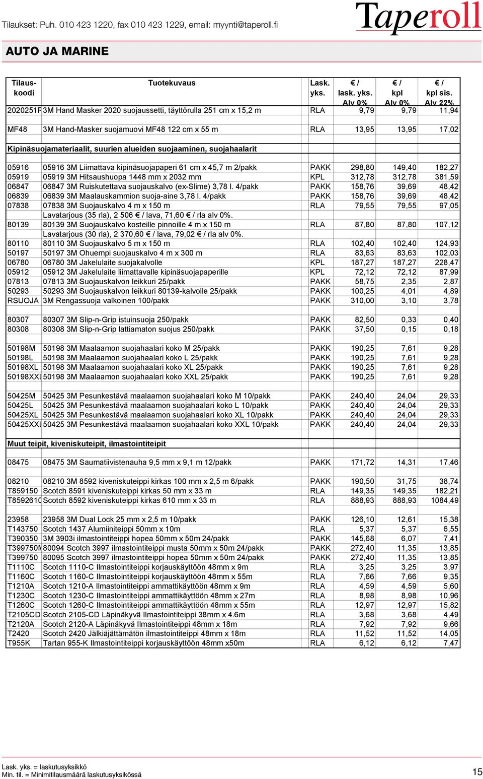 alueiden suojaaminen, suojahaalarit 05916 05916 3M Liimattava kipinäsuojapaperi 61 cm x 45,7 m 2/pakk PAKK 298,80 149,40 182,27 05919 05919 3M Hitsaushuopa 1448 mm x 2032 mm KPL 312,78 312,78 381,59