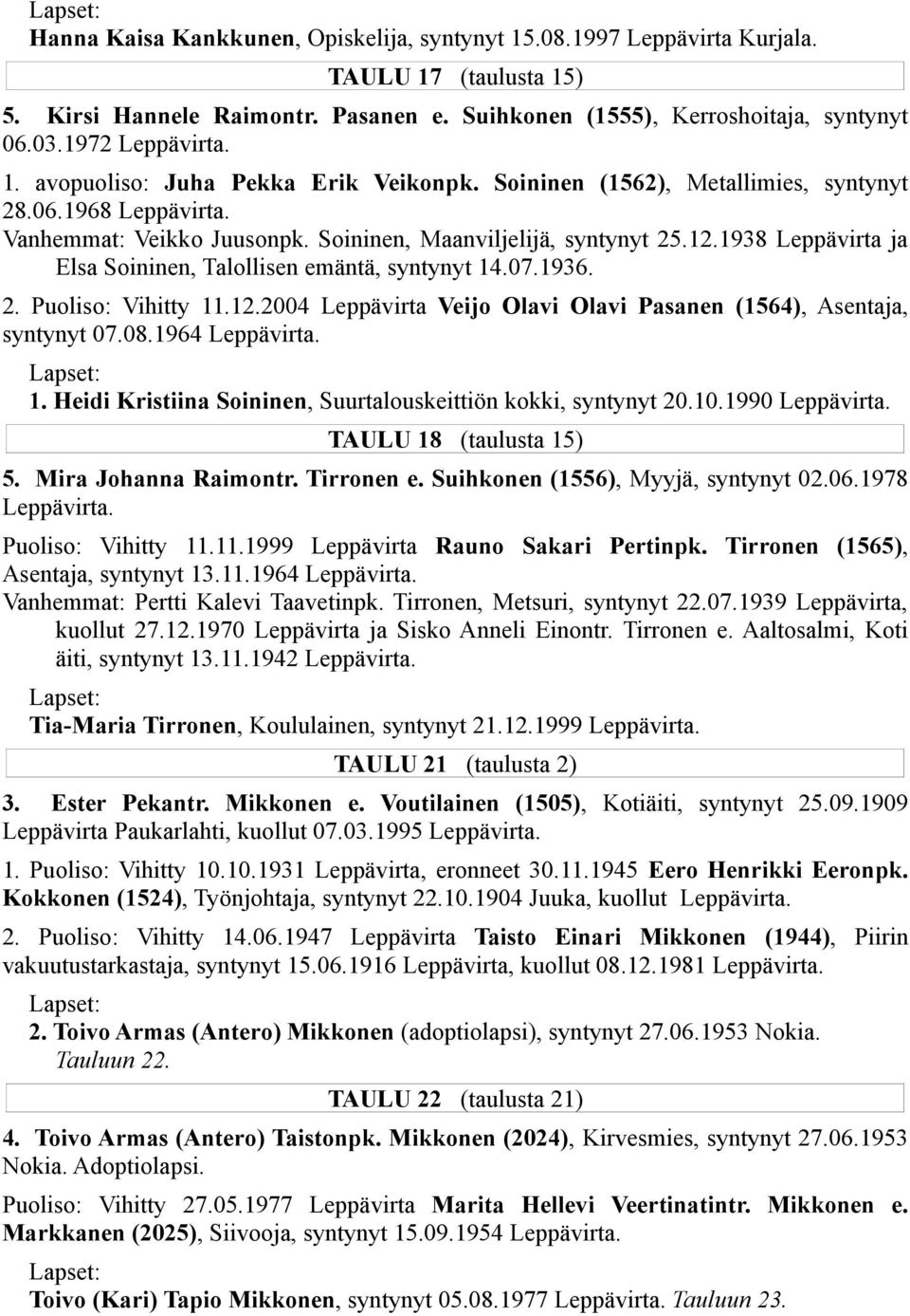 1938 Leppävirta ja Elsa Soininen, Talollisen emäntä, syntynyt 14.07.1936. 2. Puoliso: Vihitty 11.12.2004 Leppävirta Veijo Olavi Olavi Pasanen (1564), Asentaja, syntynyt 07.08.1964 1.