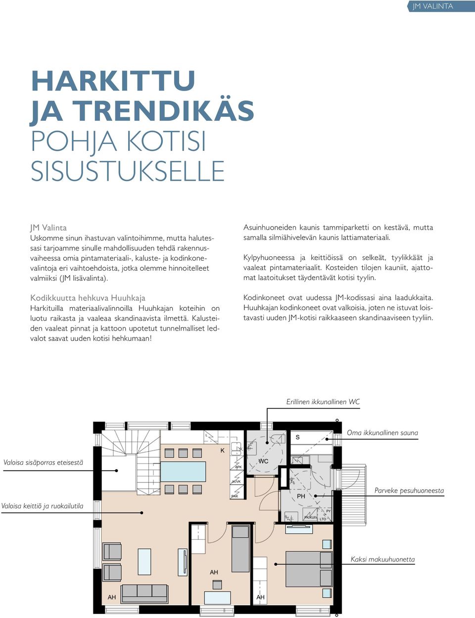 Kodikkuutta hehkuva Huuhkaja Harkituilla materiaalivalinnoilla Huuhkajan koteihin on luotu raikasta ja vaaleaa skandinaavista ilmettä.