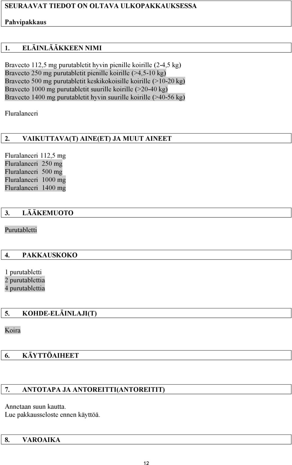 (>10-20 kg) Bravecto 1000 mg purutabletit suurille koirille (>20-40 kg) Bravecto 1400 mg purutabletit hyvin suurille koirille (>40-56 kg) Fluralaneeri 2.